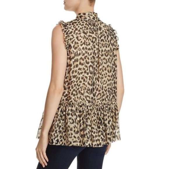 Kate Spade Leopard Print Tie-neck Chiffon Top with Metallic Size Large Gold - Picture 2 of 8